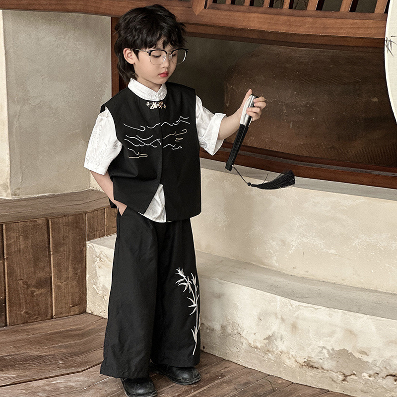 Boys' Hanfu suit 2024 Summer New Chinese Style National Style Vest Retro Casual Handsome Boy's Table Performance Clothing