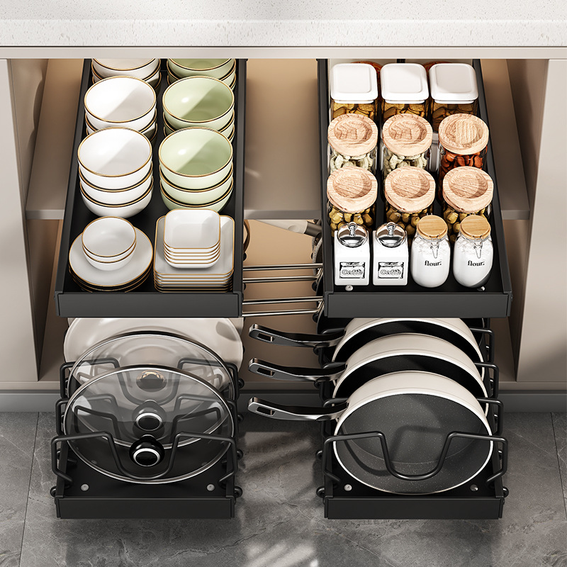 Pull-out Pot Storage Rack Multi-layer Adjustable Kitchen Pot Rack Storage Rack Cabinet Inner Countertop Dishes Pot Lid Rack