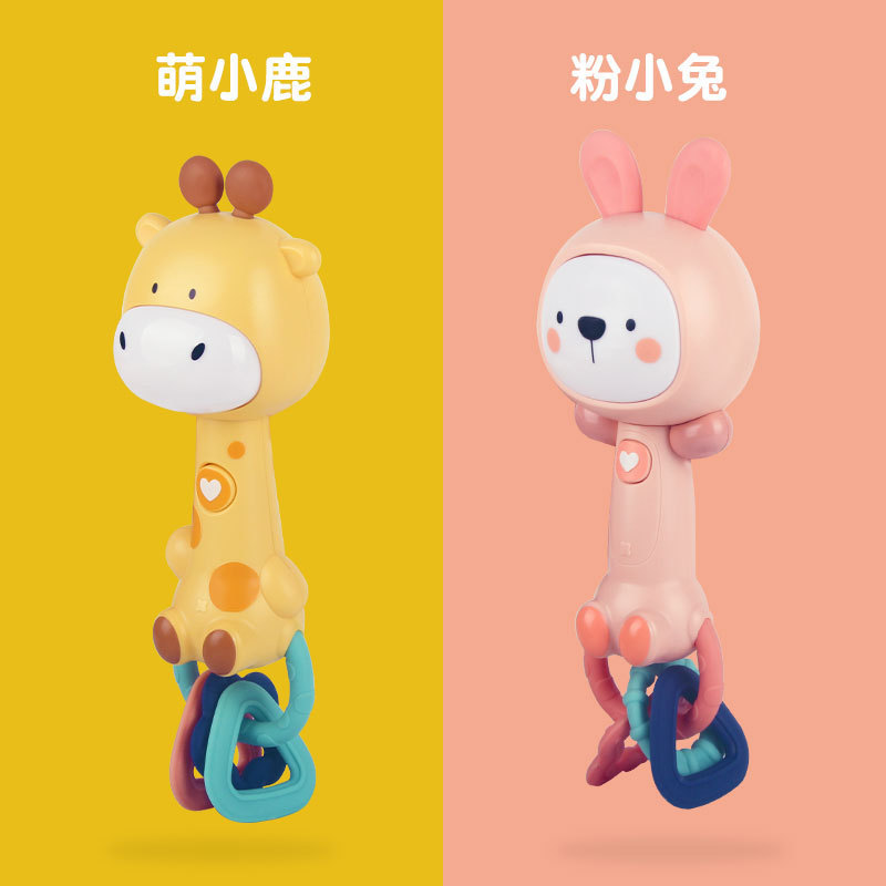 Cross-border export baby rattle cartoon tooth gum rhythm stick hand-held soothing bb stick light music rattle toy