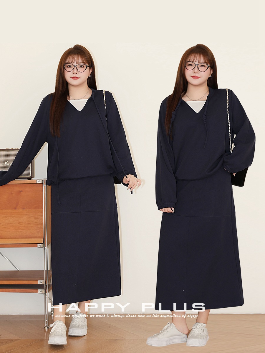 деконструкция юбки, высокая талия, средняя длина, трикотажный комплект большого размера 9120-1