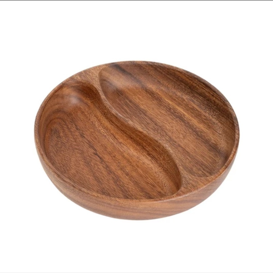 Manufacturer Wholesale Walnut Fruit Plate Divided Plate Salad Bowl Whole Wood Tai Chi Round Snack Plate