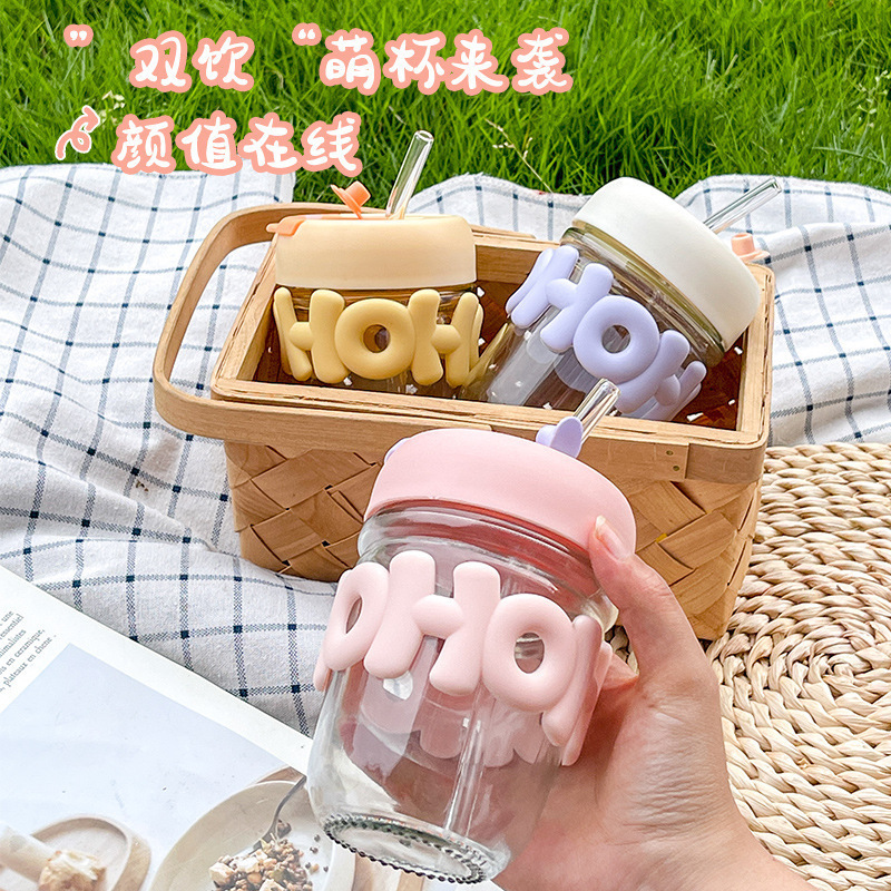 Cartoon Double Drink Cup Transparent Glass High Color Value Anti-scalding Cute Suction Cup Pearl Bracelet Letter Water Cup Wholesale