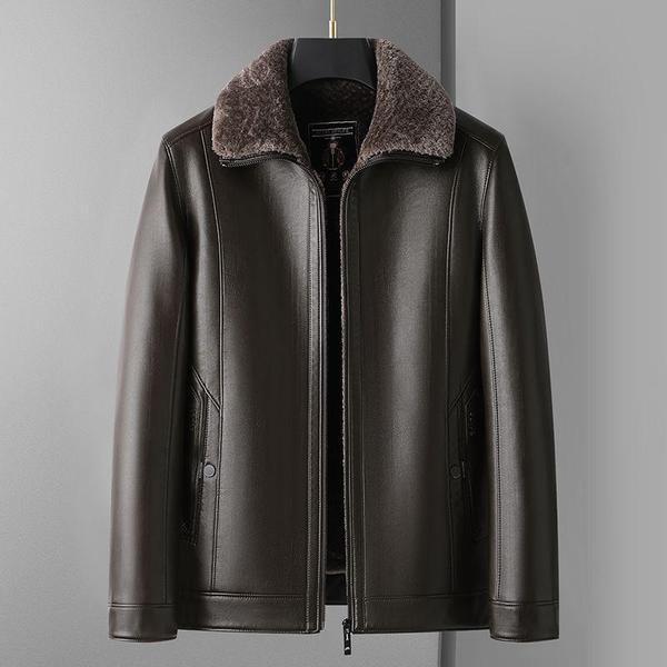 New style fur one men's leather coat lapel thickened fleece padded plus size leather jacket casual dad's leather jacket