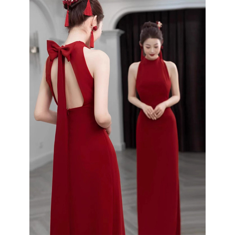 wine red toast 2025 new high-end light luxury engagement dress bride wedding door casual dress