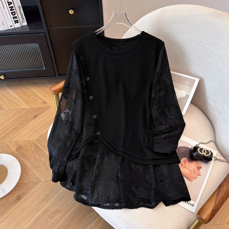 Объем 150, экстра большой размер, одежда для полных девушек, новая осенняя мода, имитация двухслойного, базовая футболка