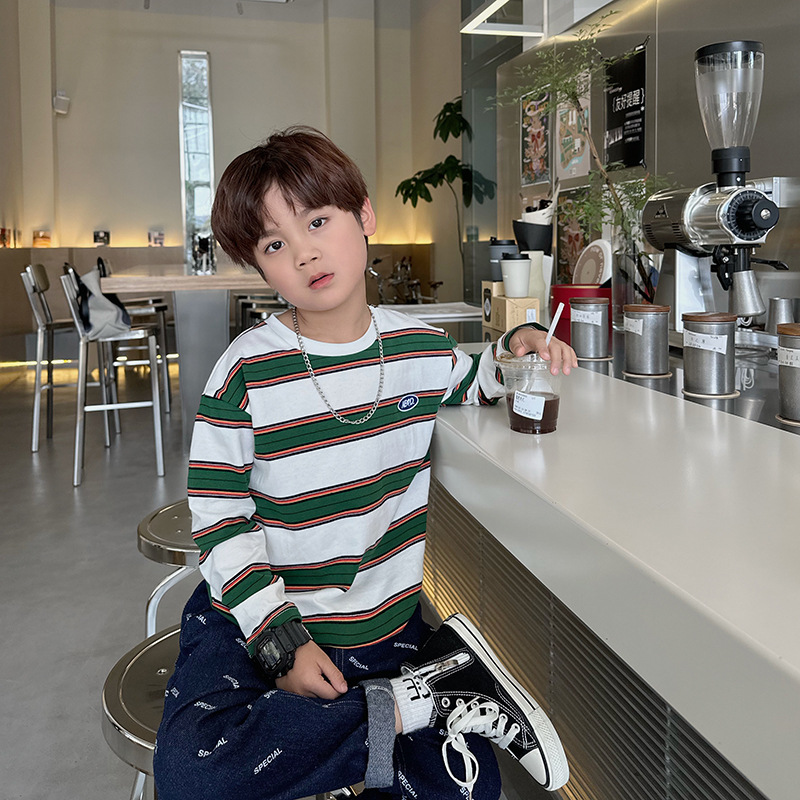 Boys' autumn children's striped contrast color fashionable T-shirt long sleeve loose casual T-shirt top versatile handsome fashion
