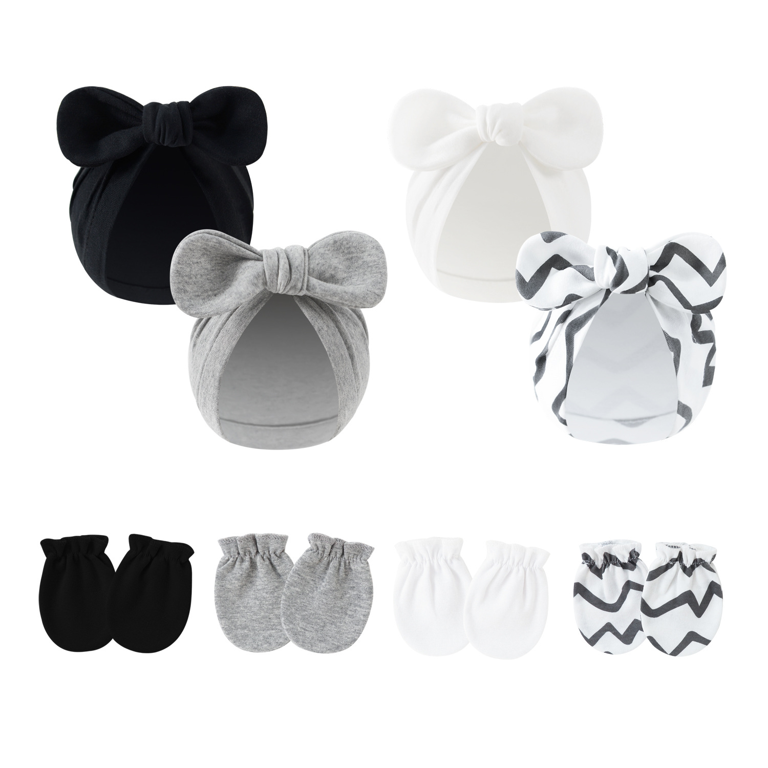 Foreign Trade Spring and Autumn Newborn Baby Fetal Hat Male and Female Baby Pullover Hat Rabbit Ear Bow Indian Hat Cotton Anti-scratch Gloves