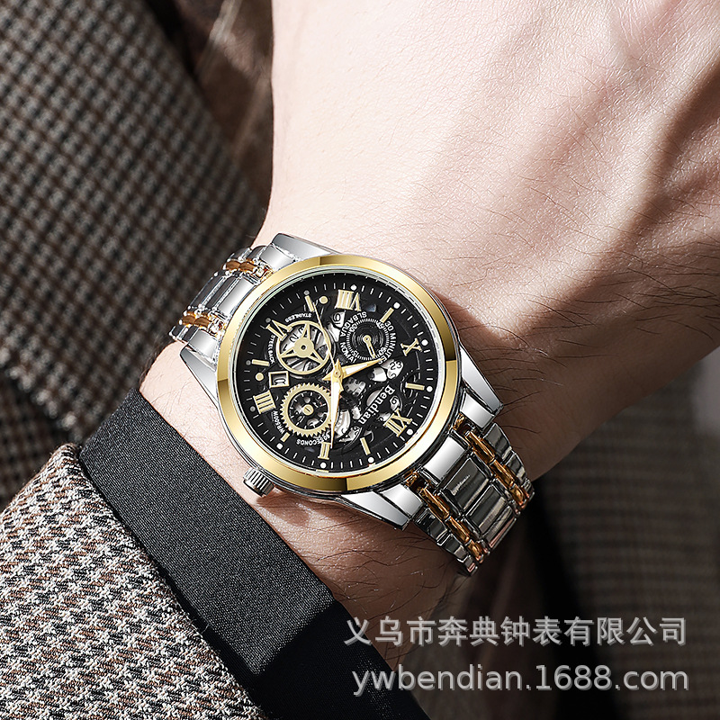 Cross-Border Foreign Trade Trendy High-End Light Luxury Versatile Fully Automatic Quartz Luminous Waterproof Roman Skeleton Men's Watch