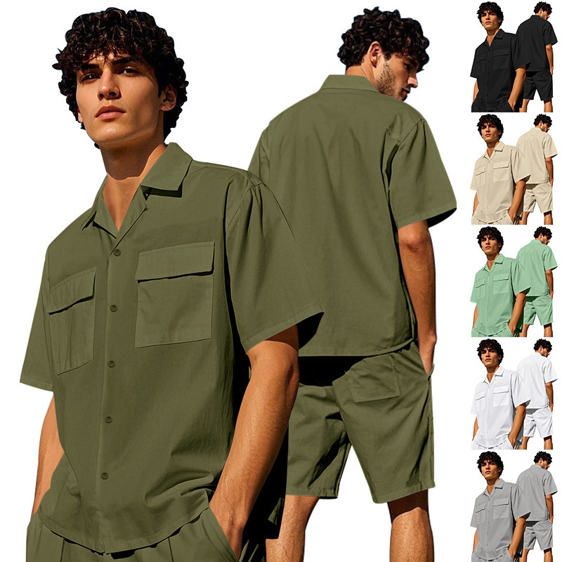 Independent Station New Men's Summer Suit Foreign Trade Cross-Border Men's Solid Color Breathable Shirt Shorts Two-Piece Fashion Set