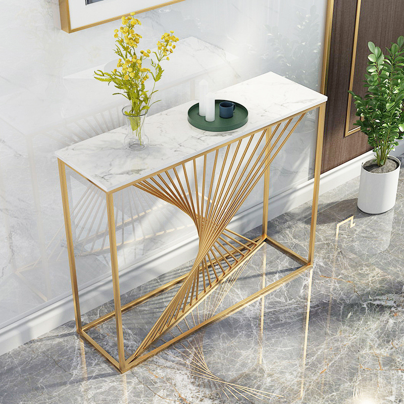 Nordic Golden Marble Entrance Table Wall Strip Light Luxury Simple Entrance Table Corridor Away Iron Decoration Gold