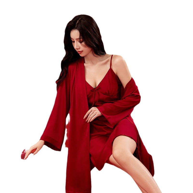 Wedding Pajamas for Newlyweds Ice Silk Red Spring and Autumn Wedding Silk High-end Nightgown for Men and Women Morning Gown suit