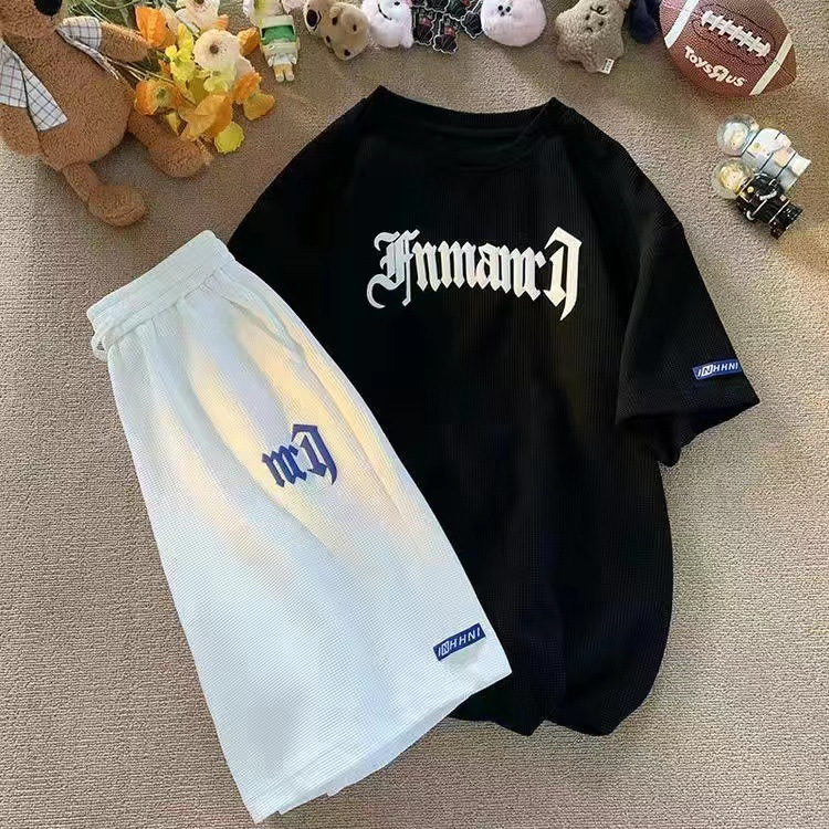 Cross-border waffle casual suit men's summer ice silk short sleeve T-shirt men's suit with sports clothes wholesale