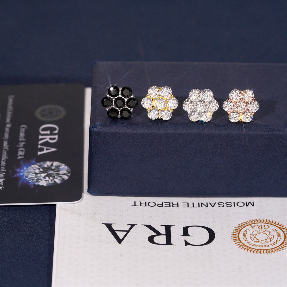 9mm Cross-Border Hip-Hop New Flower Full Diamond Personalized Earrings High-End S925 Silver Moissanite Earrings Wholesale