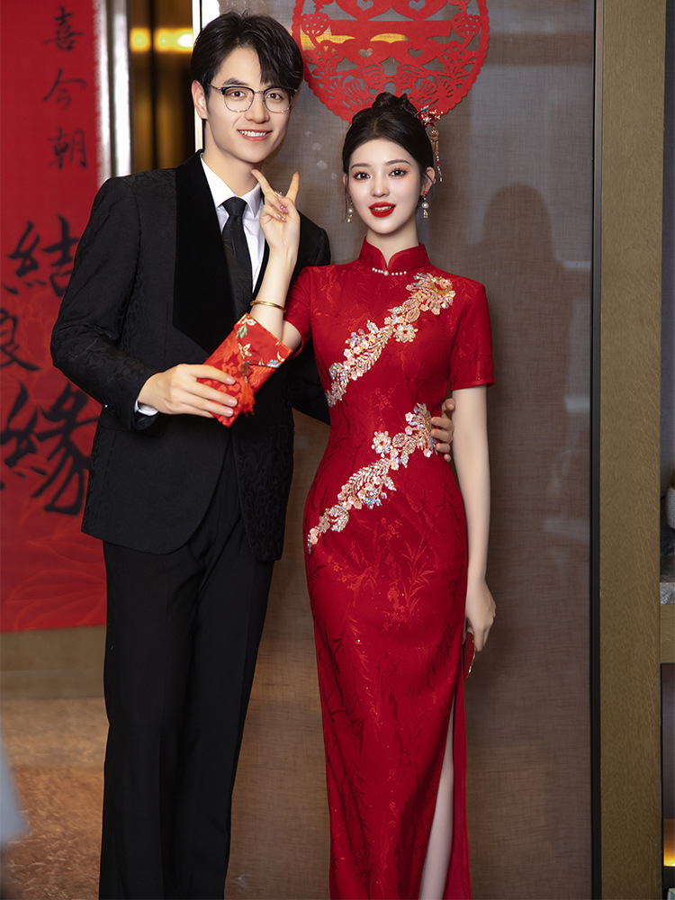 Свадебное платье чунцзян 2025, новое красное платье для невесты, помолвка, банкет, новый китайский летний стиль, тяжелая промышленность