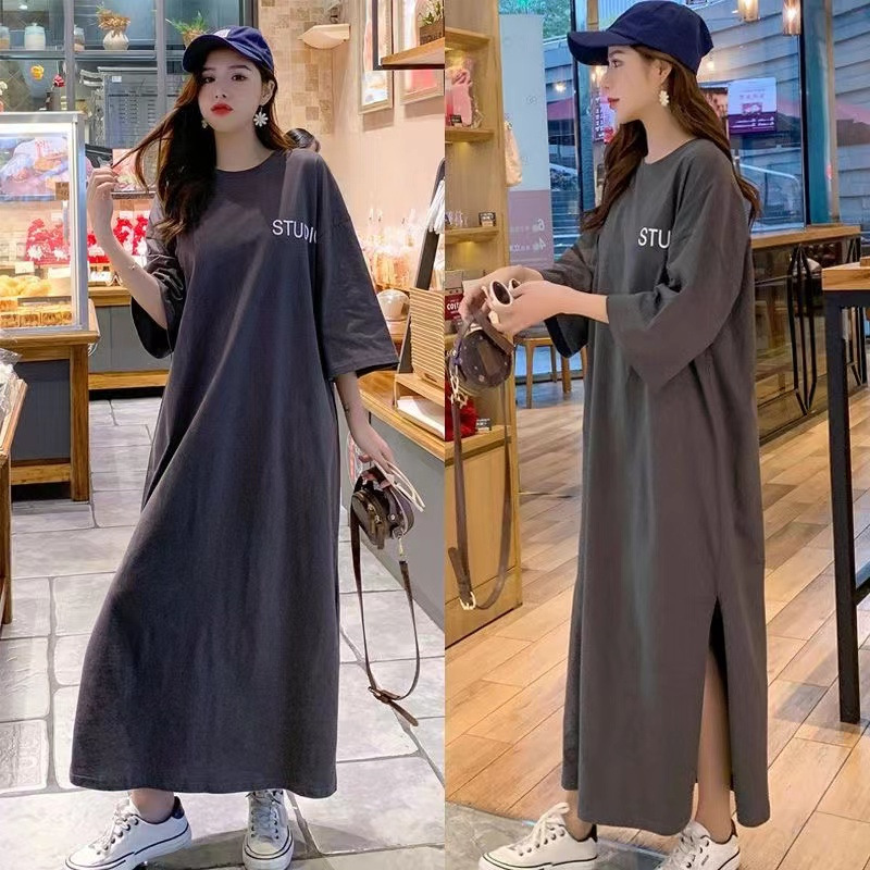 Plus Size Summer New Style Lazy Long Short-Sleeved Loose Over-The-Knee Large Size Dress 100kg Long Skirt T-Shirt Skirt