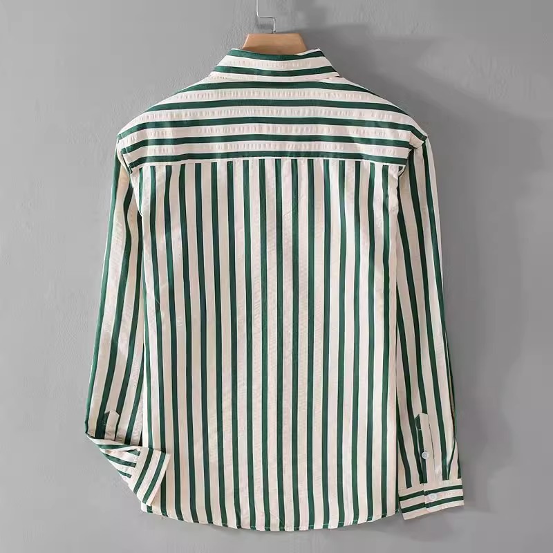 Shopping Mall Closed Ice Silk Striped Long-sleeved Shirt Summer Light Luxury Trendy Brand Contrast Color Simple Men's Casual All-match Shirt