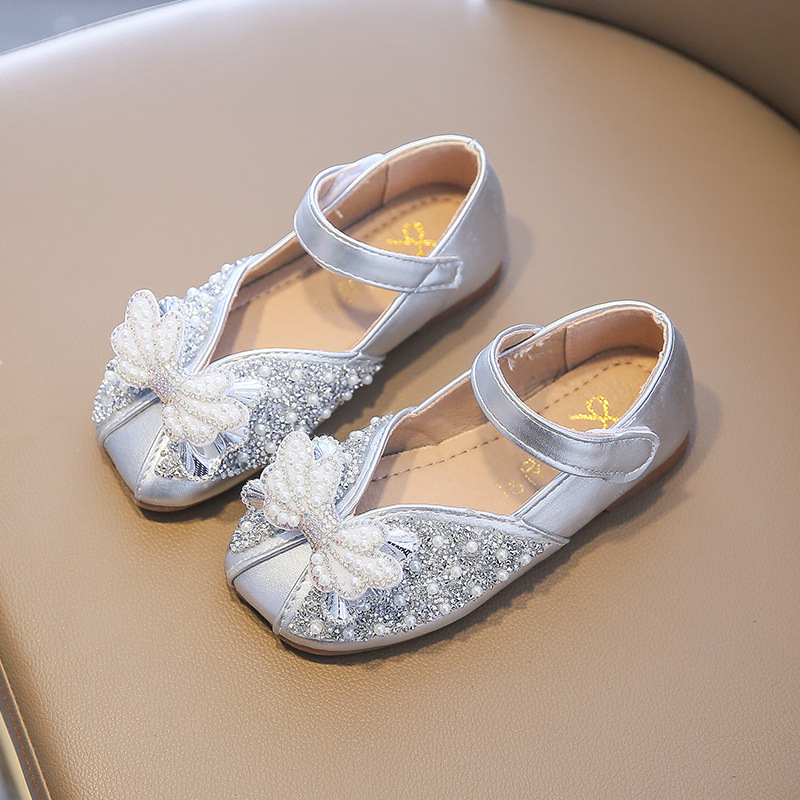 Popular Pearl Soft Sole Girl Princess Shoes Autumn New Fashion Girl Shoes Korean Style Bow Children's Crystal Shoes