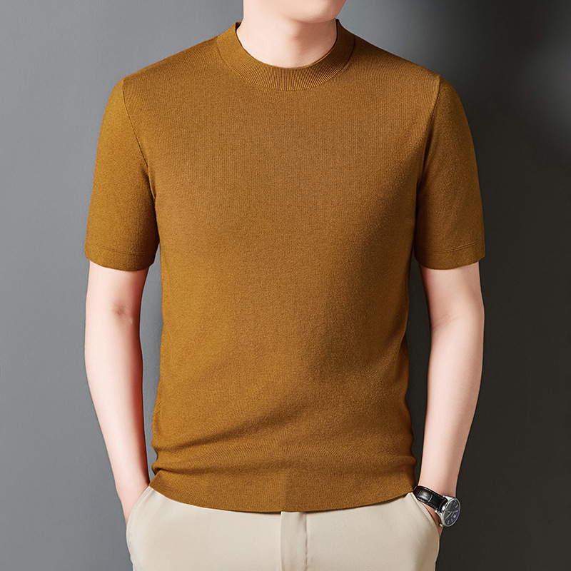 Worsted Wool Round Neck T-Shirt Not Pilling Soft High Quality Men's Short Sleeve Knitted T