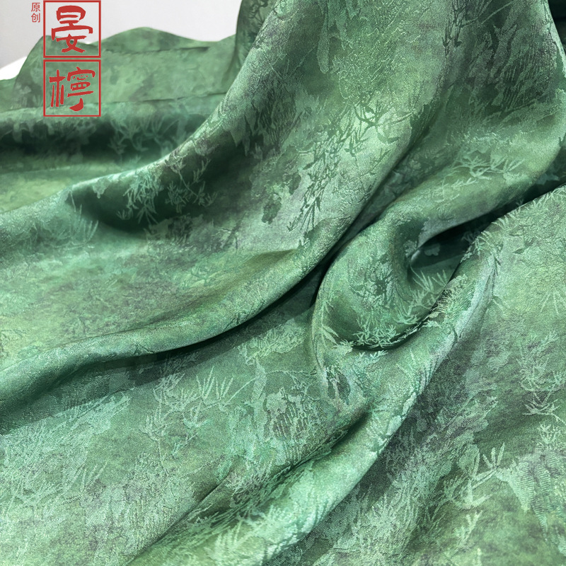 Жаккардовая ткань с узором зелёного цветка, чонгсам, ткань из шелка
