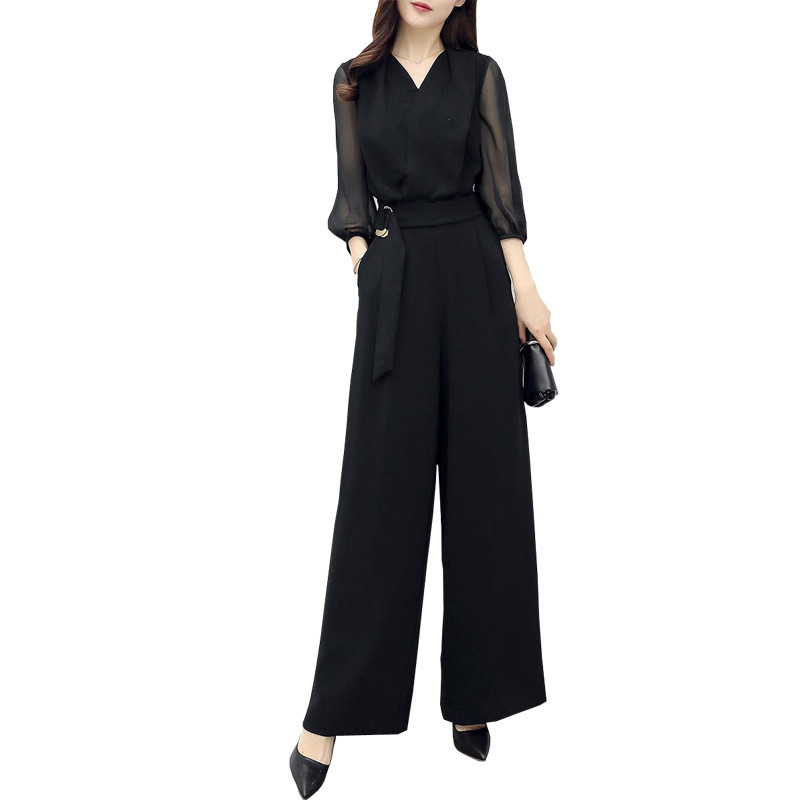 Spring and Summer New High Waist Chiffon Jumpsuit Black Cropped Sleeve Slim-fit Slimming Elegant Wide Leg Jumpsuit for Women
