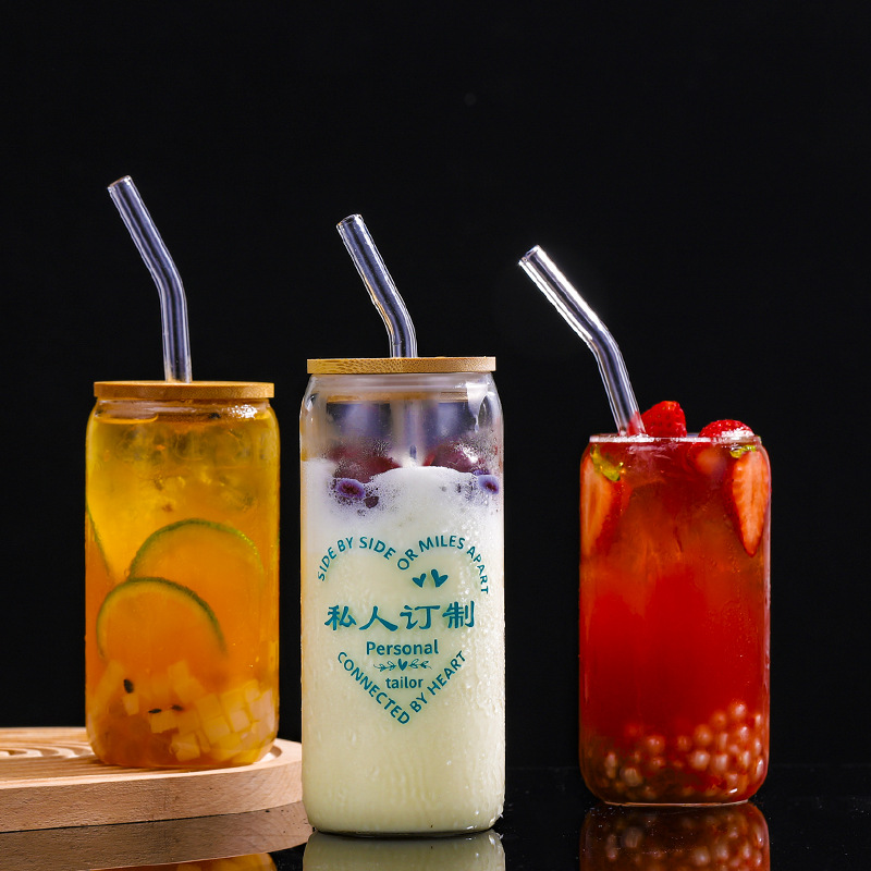 Cross-border Amazon New Internet Celebrity Coke Cup 16oz Mason Cup Bamboo Lid Glass Drink Juice Cup with Straw