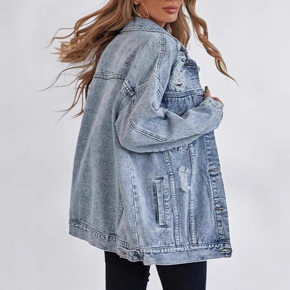 Cross-Border Temu Amazon Women's New Oversized Denim Jacket Boyfriend Ripped Denim Jacket Jacket Nk376