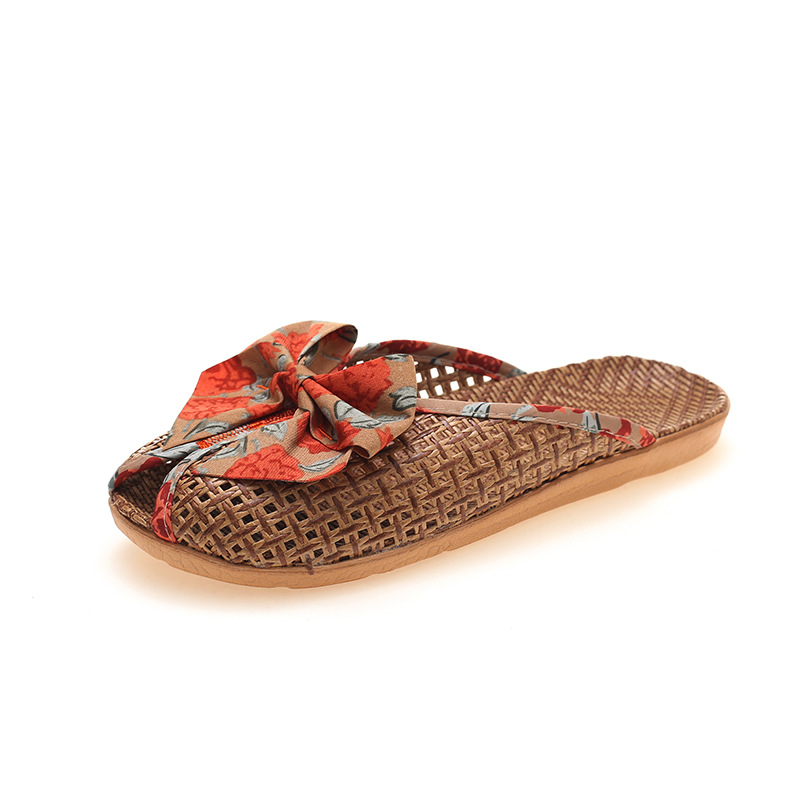 New Summer Rattan Grass Woven Linen Slippers for Women Korean Style Bow Toe Bamboo Slippers Home Cool Slippers