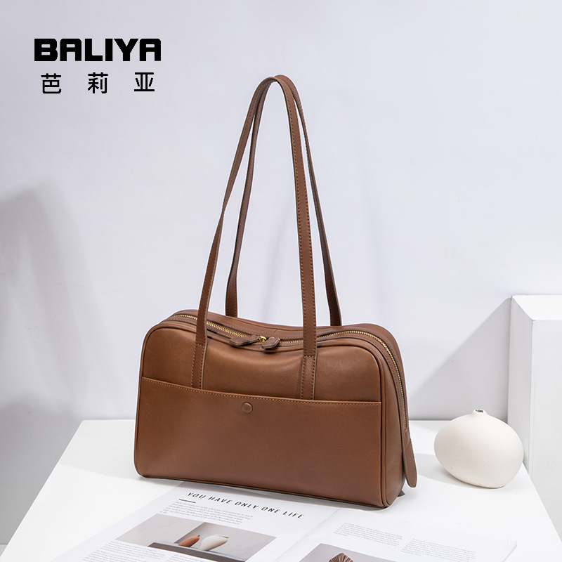 Baliya First-Layer Cowhide Women's Shoulder Bag, High-End Handbag, Women's Genuine Leather Large-Capacity Boston Bag