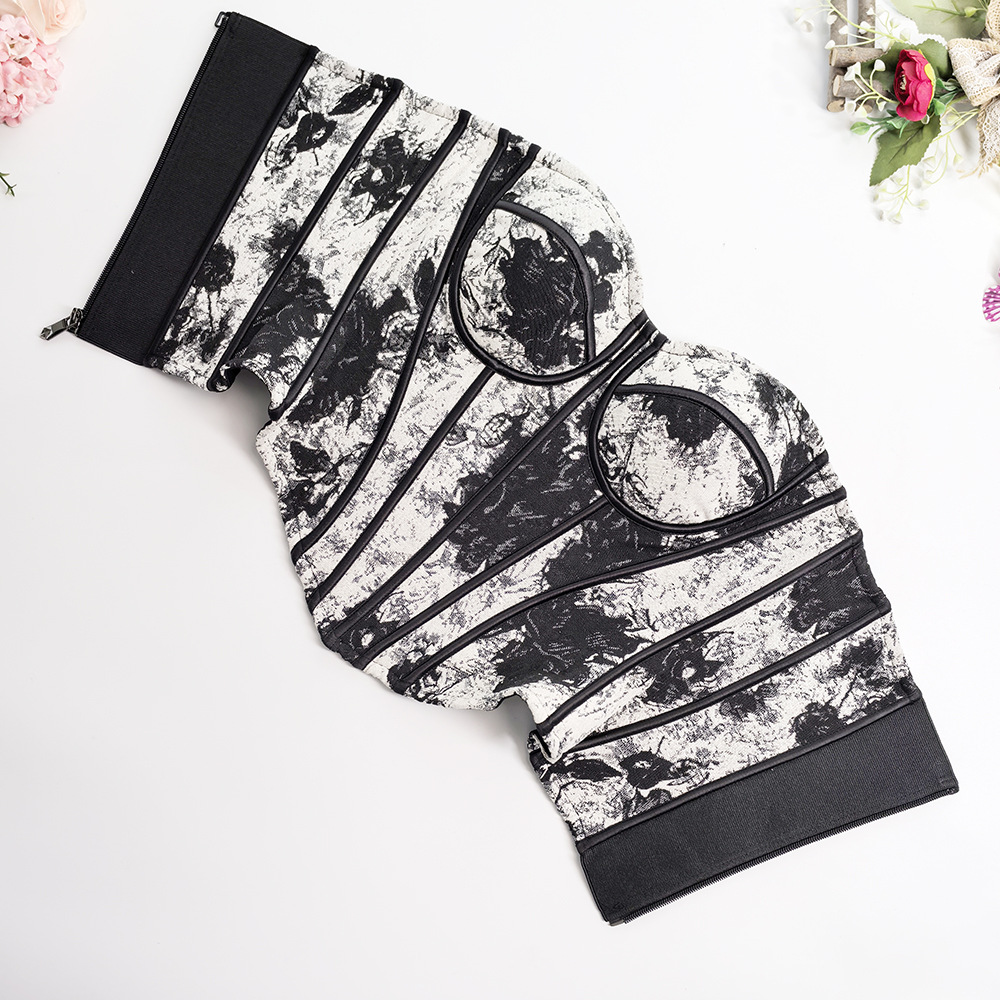 French Jacquard Fishbone Strapless Top Pure Outer Wearing New Country Style Ink Painting Para-breasts Strong Pressure Waist Fishbone Corset