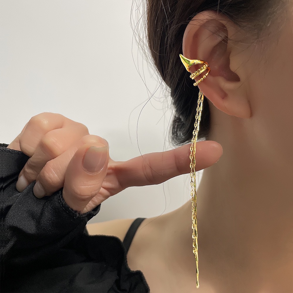 Elf ear clip geometric tile chain long earrings gold high-grade ear clip without pierced ear bone clip