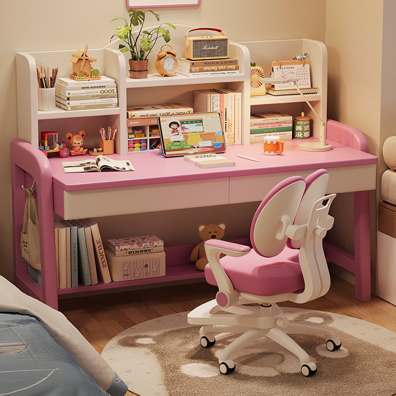 Solid Wood Desk Manual Adjustable Table Middle School Student Desk Bedroom Home Simple Desk Bookshelf Desk + Writing Chair