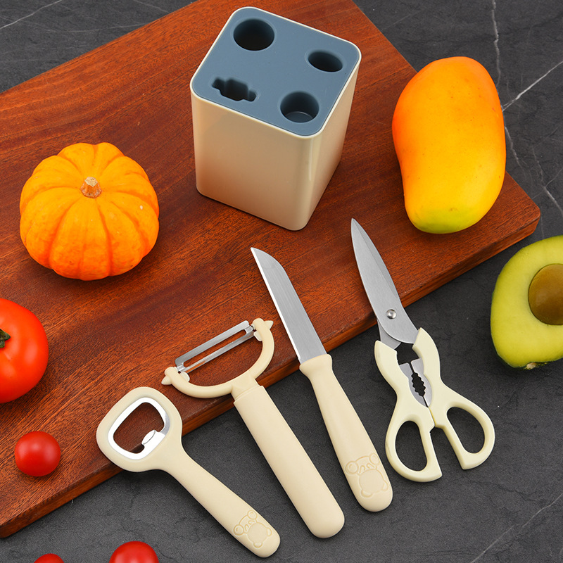 Wholesale kitchen gadgets 5 piece set fruit knife peeler bottle opener with storage holder combination tool suit