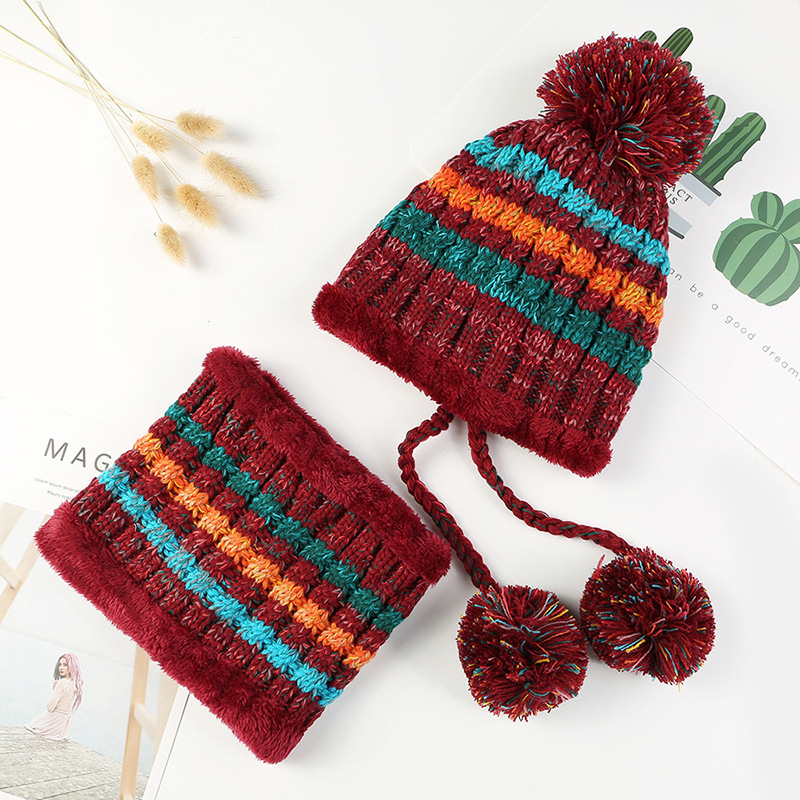 Knitted hat factory spot color twist three ball ear protection wool hat scarf kit winter warm two-piece set