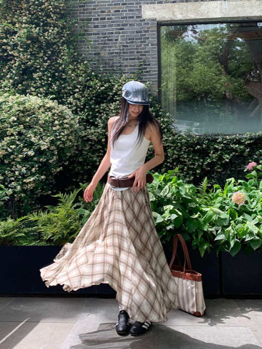 [Yunheyu] Неровная юбка в клетку для женщин, новая летняя 2025, ретро, универсальная, A-образная, длинная юбка