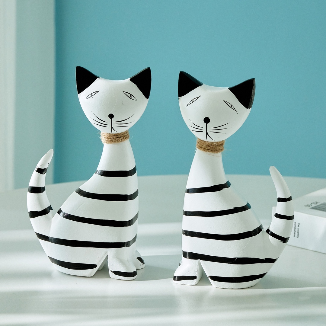 Nordic Simple Wooden Striped Cat Ornaments Home Decoration Desktop Study Counter Set Table Couple Kitten Decorations