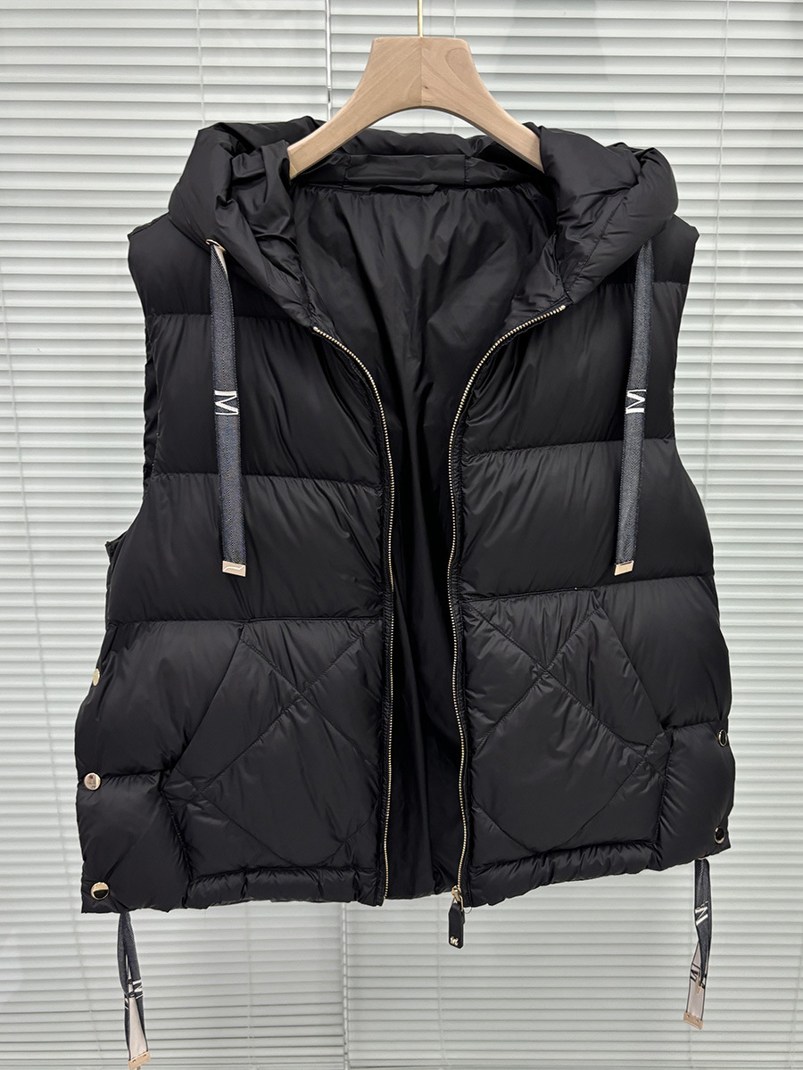 2025 Foreign Trade White Duck down Short Hooded Letter Drawstring Vest Autumn and Winter Clothing down Jacket Side Button Coat Trendy