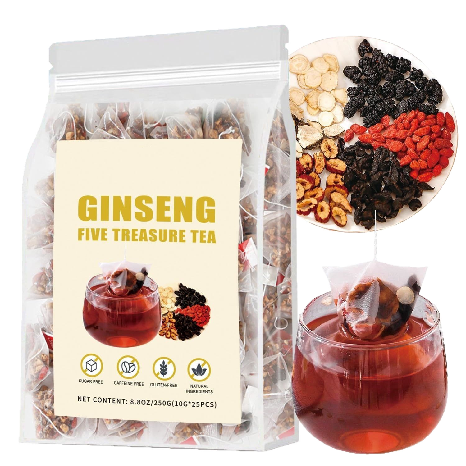 Cross-border foreign trade Ginseng Five Treasure Tea, ginseng five treasure tea 5g 20 bags