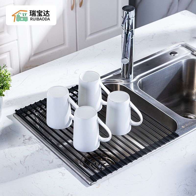 Silicone Drying Rack Kitchen Household Dish Rack Stainless Steel Folding Storage Rack Roller Shutter Sink Wall Hanging Dish Rack