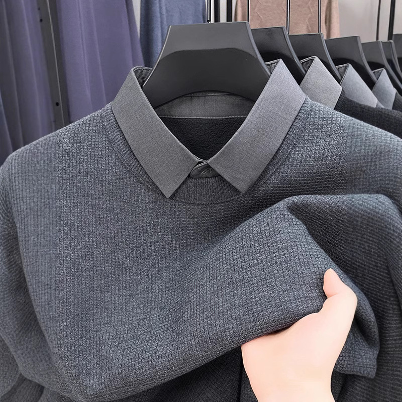 Теплый свитер с утеплителем, фальшивый комплект, для мужчин среднего возраста, повседневный