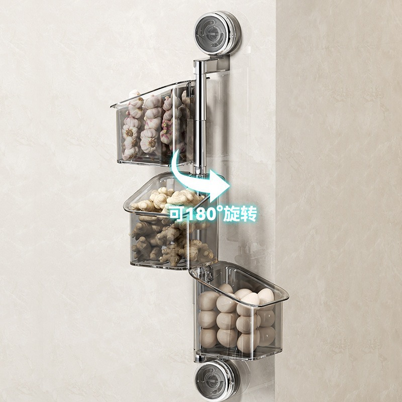 Kitchen Suction Cup Storage Box Without Punching Onion, Ginger and Garlic Wall-Mounted Rotatable Bathroom Cosmetics Storage Shelf