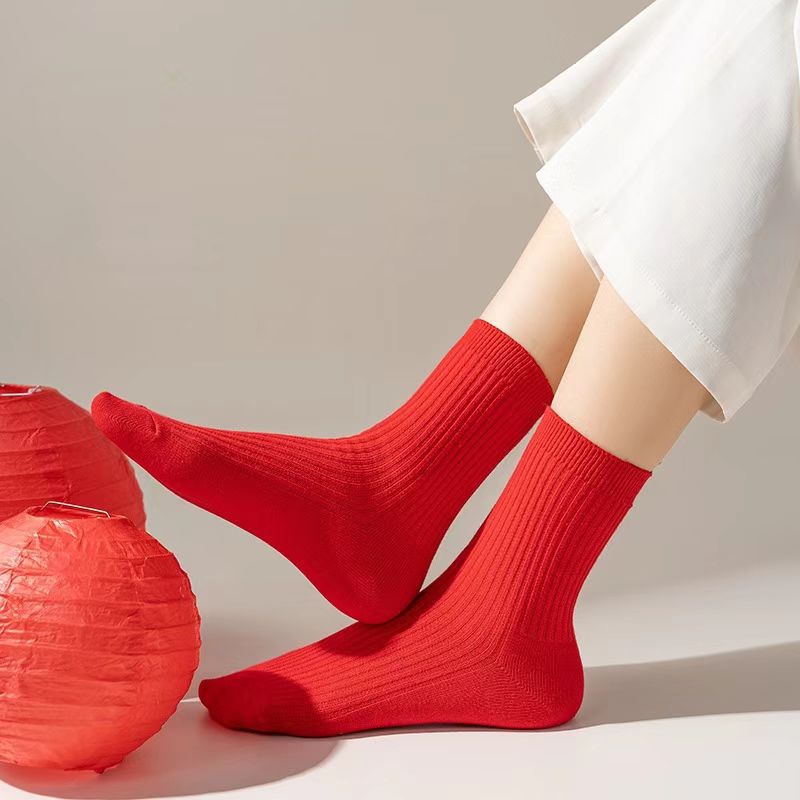 Benmingnian Red Socks Men's Socks Women's Socks Medium Long Tube Embroidered Year of the Snake Pure Cotton Socks Men's and Women's Couple Socks