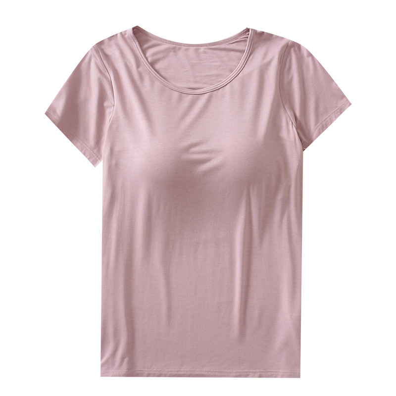 Short-sleeved T-shirt with Chest Pad Women's Modal Cup One-piece Slim-fit Base Shirt Women's Top Round Neck Wear-free Bra
