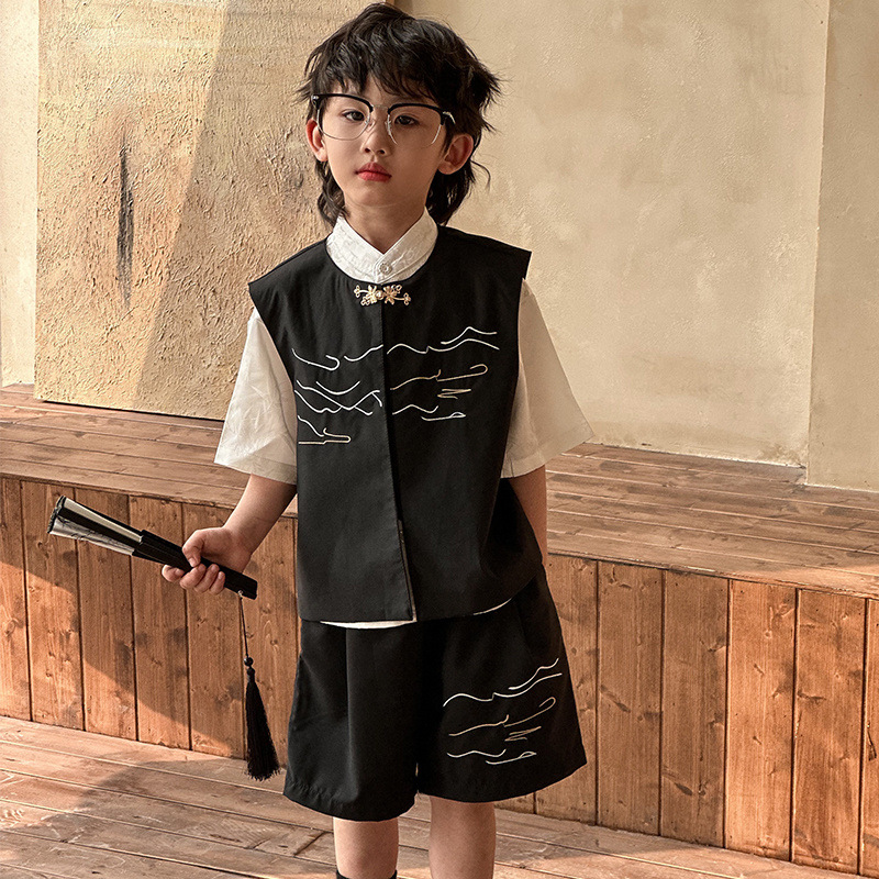 Boys' Hanfu suit 2024 Summer New Chinese Style National Style Vest Retro Casual Handsome Boy's Table Performance Clothing