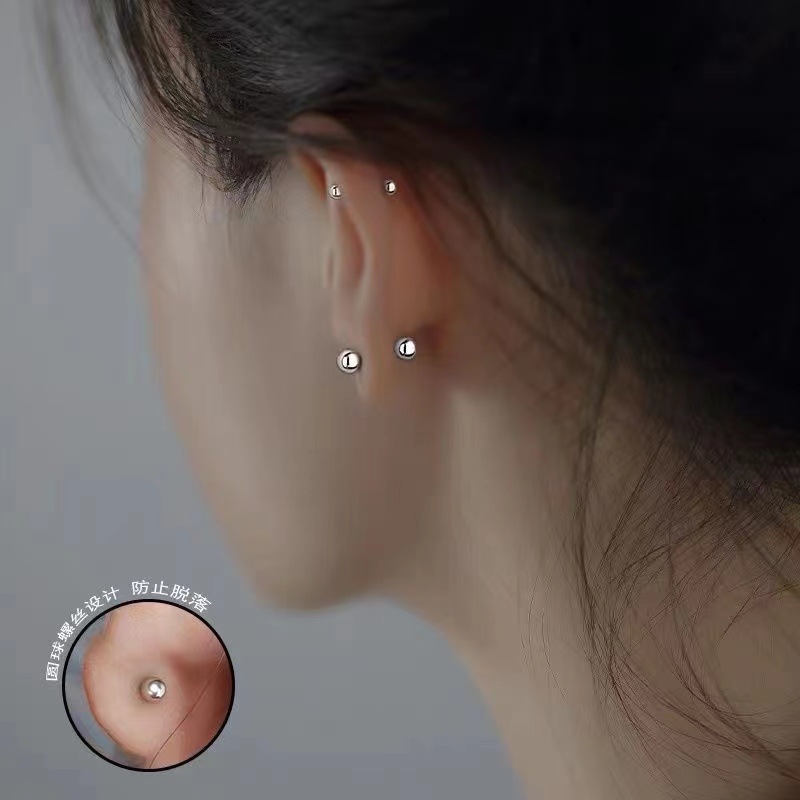 Silver beanie ball screw stud earrings exquisite simple small mini threaded beads ear bone stud sleeping pick-free Wholesale