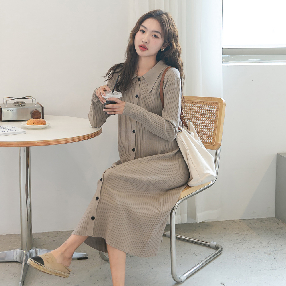 Autumn New Maternity Dress Korean Style Fashionable Lapel Pit Strip Knitted Skirt Stretch Slim-Fit Sweater Dress Trendy Dress