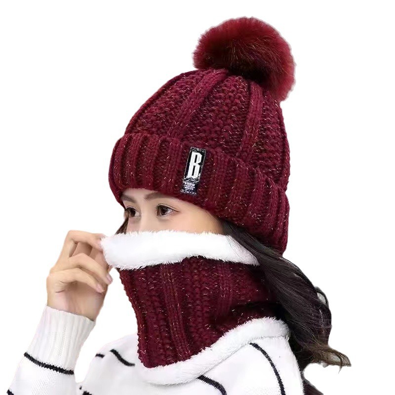 2024 Winter Korean Wool Hat Cross-border fleece-lined Thickened Neck Mother Cycling Warm Cold-proof Two-piece Set for Women