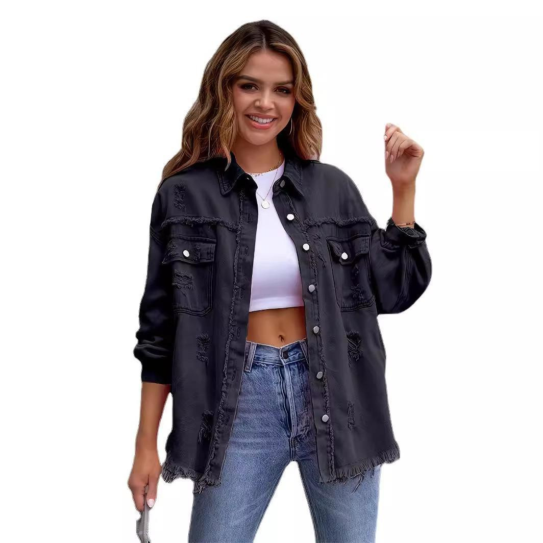 Factory Direct Sales Cross-Border New American Solid Color Mid-Length Ripped Long-Sleeved Denim Jacket European and American Style Jacket for Women