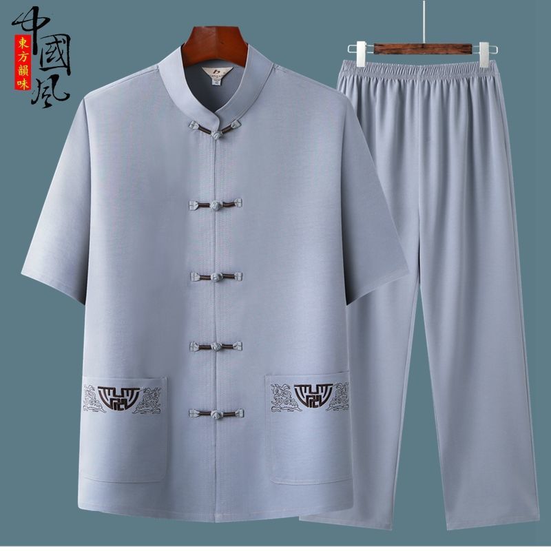 Костюм для пожилых мужчин, короткий рукав, вышитый, в китайском стиле