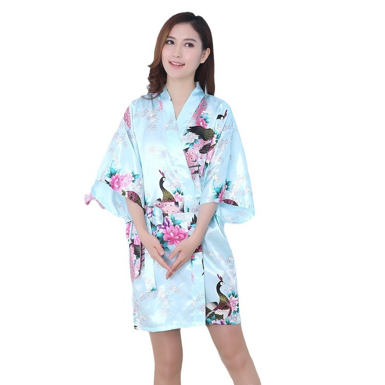 Dropshipping Short Women's Summer Nightgown Multi-Color Silk Single-Piece Kimono Cardigan Bathrobe Peacock Nightgown Pajamas