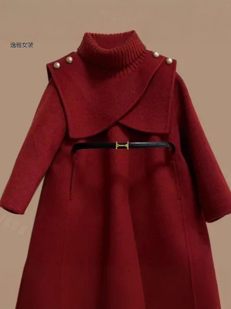 Girls' Children's Coat Autumn and Winter New Woolen Coat Cloak Mid-Large Children's Removable Shawl Mid-Long High-End Parent-Child